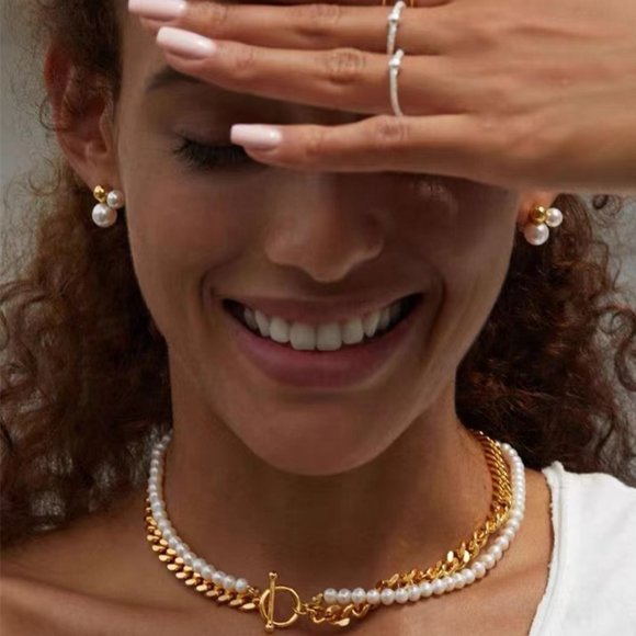 Pearl Gold Ball Cluster Stud Earrings 14K Gold Plated Stainless Steel - Picture 3 of 6